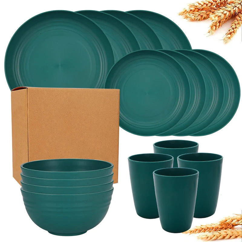 16 pieces of pp tableware set, including (9.1-inch) plates, (7.8-inch) plates, dinner bowls and beverage cups.