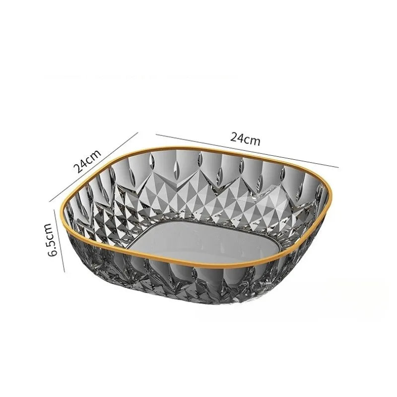Hot Household Fruit Bowl Salad Dessert Biscuit Plate Plastic Square Transparent Tray Golden Edge Snack Plates Tableware