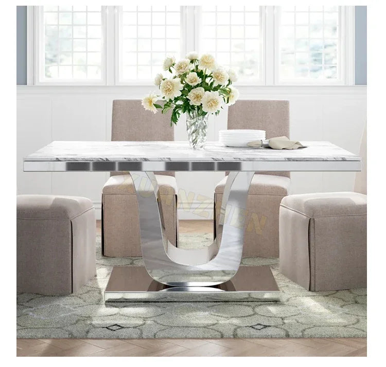 Dining room furniture white metal modern stainless steel stone luxury marble dining table set restaurant dining tables