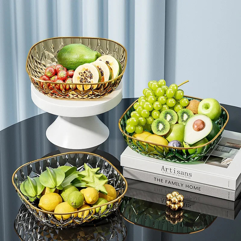 Hot Household Fruit Bowl Salad Dessert Biscuit Plate Plastic Square Transparent Tray Golden Edge Snack Plates Tableware