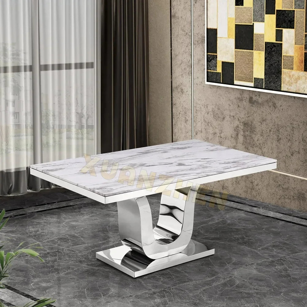 Dining room furniture white metal modern stainless steel stone luxury marble dining table set restaurant dining tables