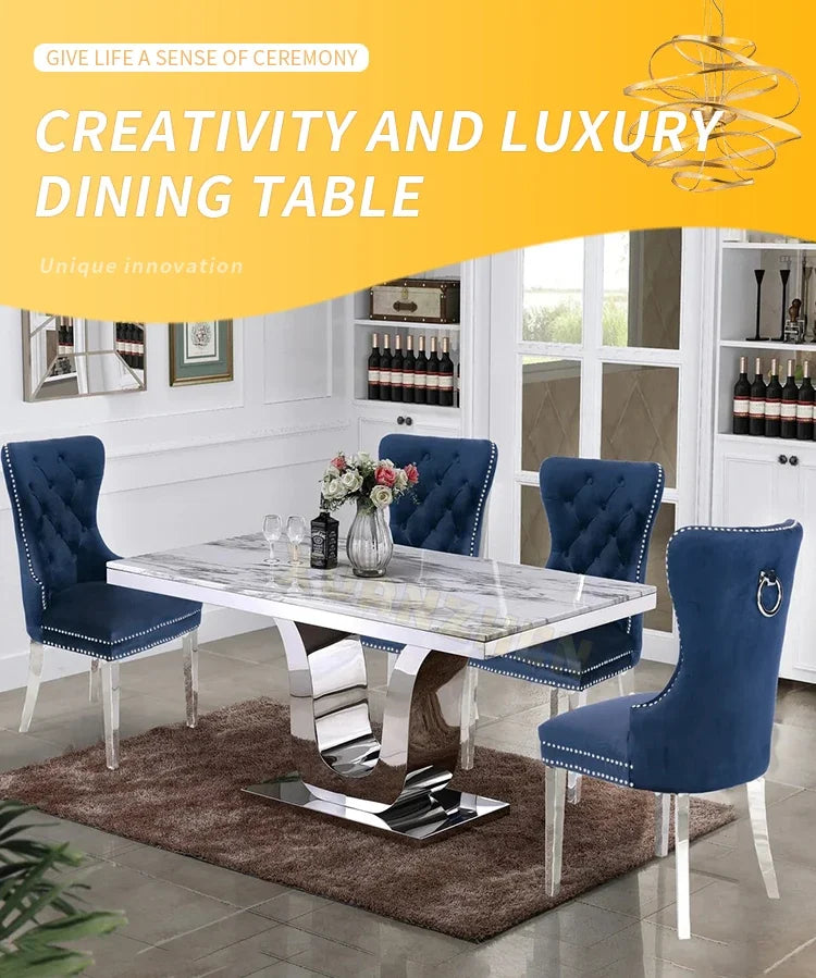 Dining room furniture white metal modern stainless steel stone luxury marble dining table set restaurant dining tables