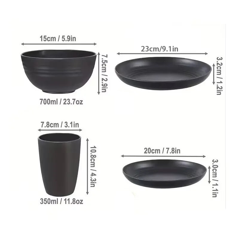 16 pieces of pp tableware set, including (9.1-inch) plates, (7.8-inch) plates, dinner bowls and beverage cups.