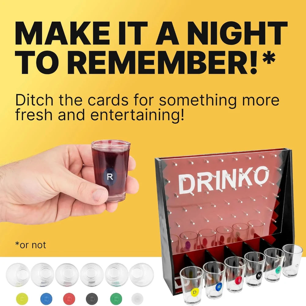 Drinko Drinking Game, Social Shot Glass Party Fun for Groups & Couples - Multicolor, Glass Shots, Durable Board with Metal Pegs