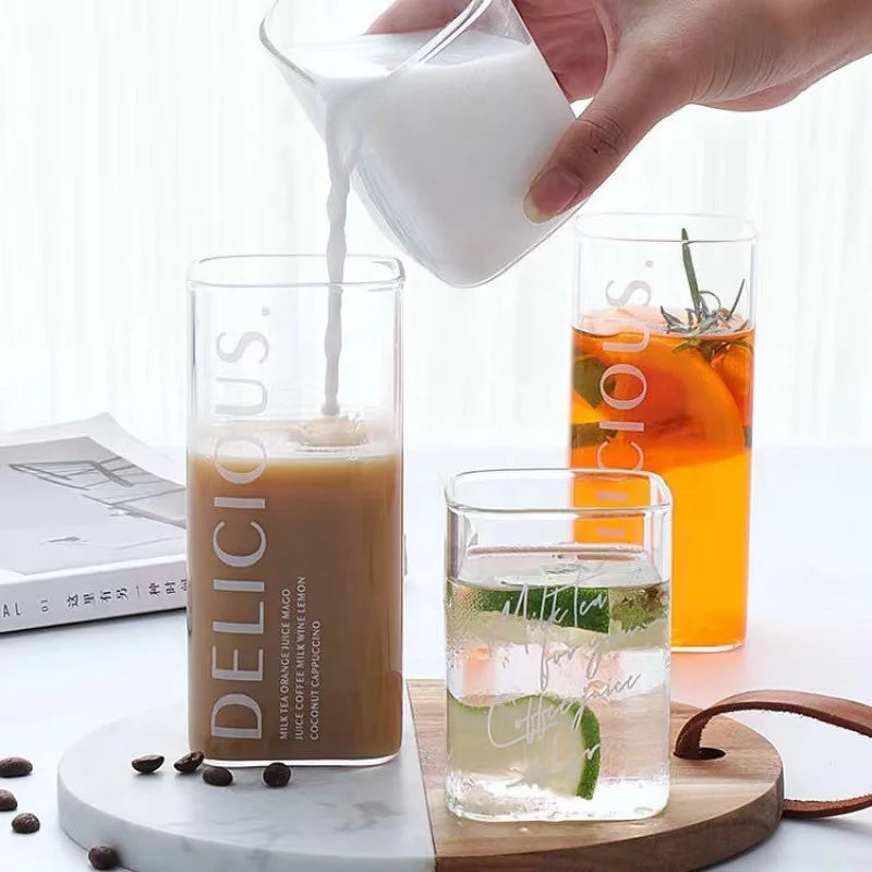 Square Simple Glass Cup Clear Cold Drink Juice Milk Glass Red Wine Beer Glass Coffee Cup Water Cup Drinking Utensils