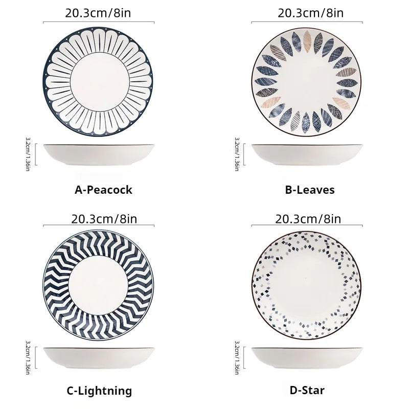 4-Piece 8-Inch Minimalist Ceramic Plates Set, Multipurpose Dishes for Salad，Dessert，Sushi, pasta,Microwave & Dishwasher Safe
