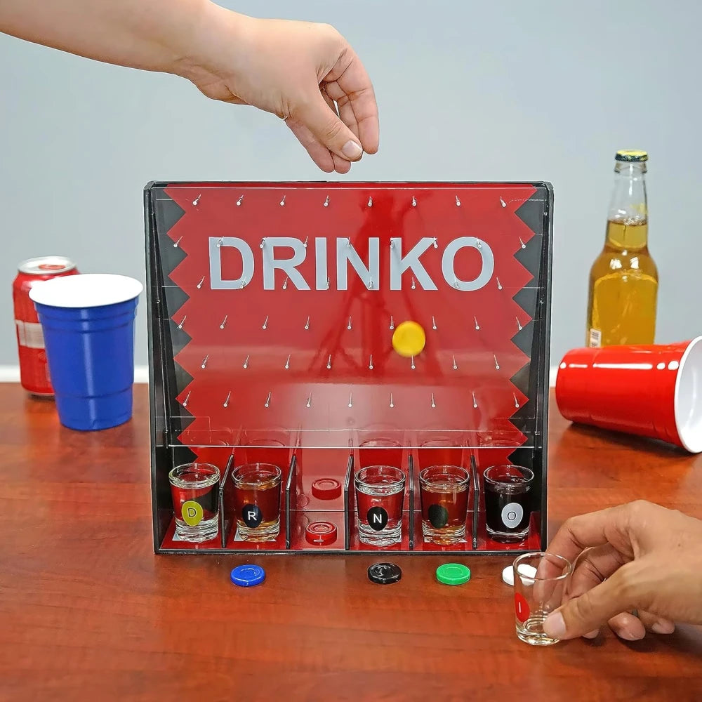 Drinko Drinking Game, Social Shot Glass Party Fun for Groups & Couples - Multicolor, Glass Shots, Durable Board with Metal Pegs