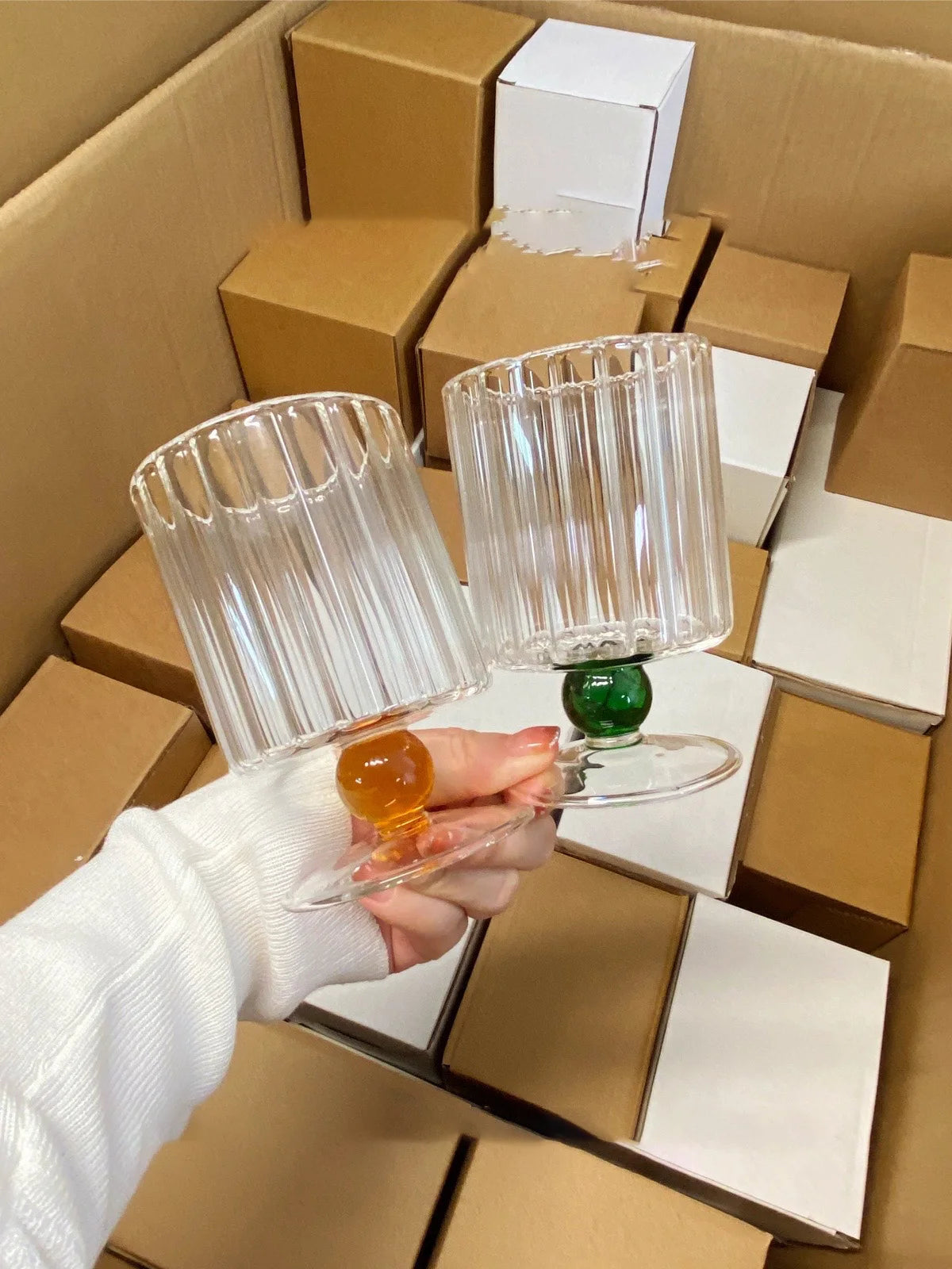 Vintage Drinking Glass Cup, Nordic Ripple Style, Amber, Yellow, Green, Blue Beaded Stem, Wine Glasses, Goblet, 200ml