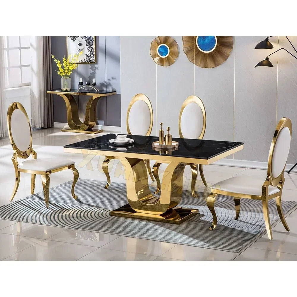 Dining room furniture white metal modern stainless steel stone luxury marble dining table set restaurant dining tables