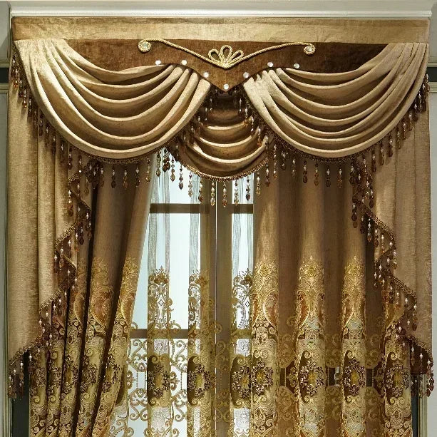 European-style Curtains for Luxury Living Room Upscale Door Chenille Embroidered Coffee Color Bedroom Window Villa Valance