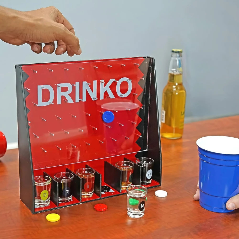 Drinko Drinking Game, Social Shot Glass Party Fun for Groups & Couples - Multicolor, Glass Shots, Durable Board with Metal Pegs
