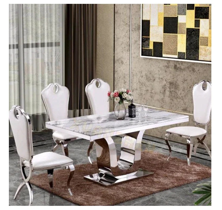 Dining room furniture white metal modern stainless steel stone luxury marble dining table set restaurant dining tables