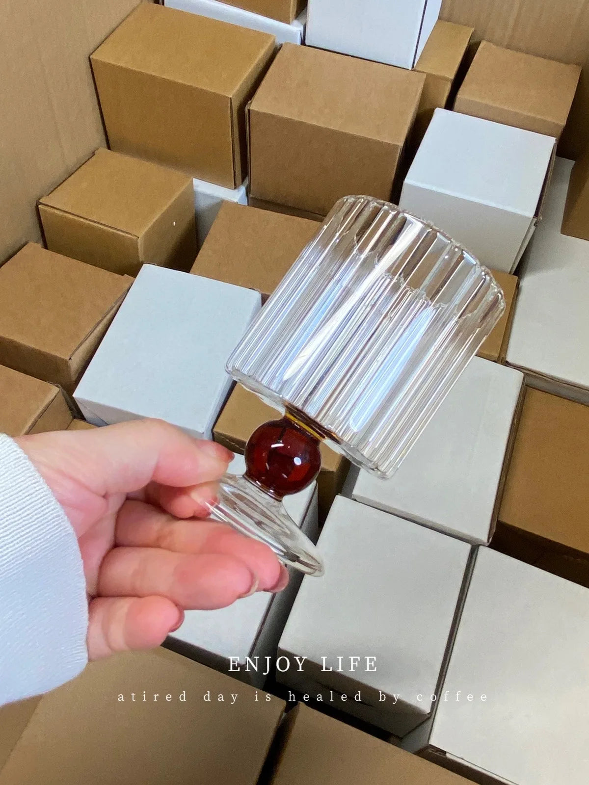 Vintage Drinking Glass Cup, Nordic Ripple Style, Amber, Yellow, Green, Blue Beaded Stem, Wine Glasses, Goblet, 200ml