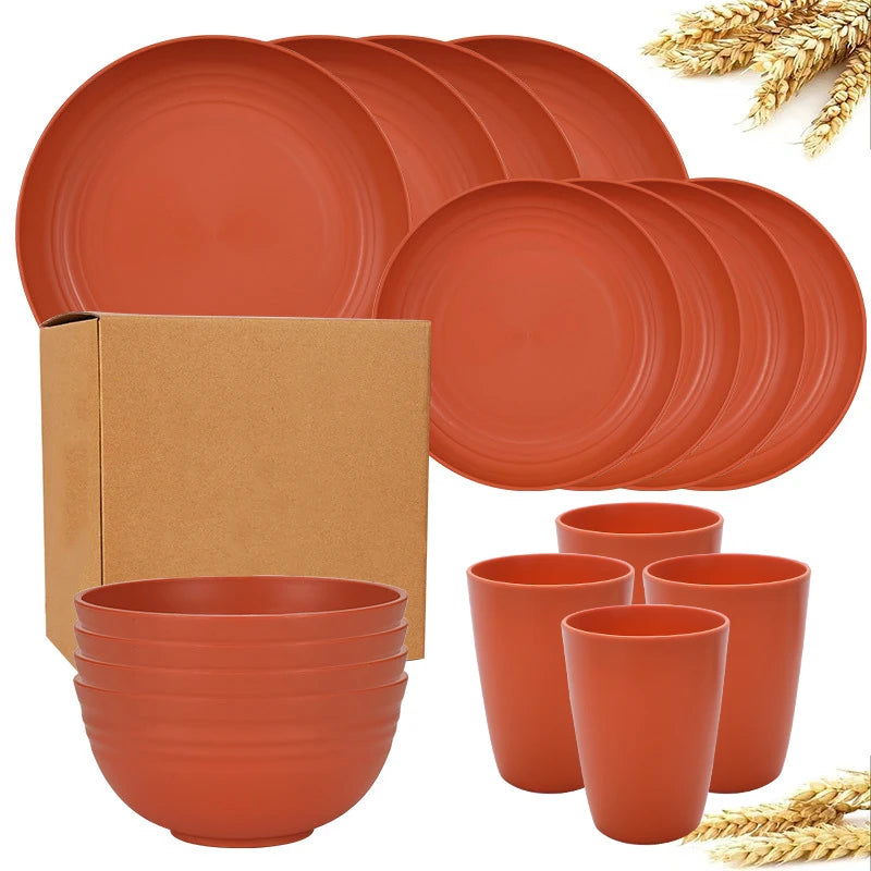 16 pieces of pp tableware set, including (9.1-inch) plates, (7.8-inch) plates, dinner bowls and beverage cups.