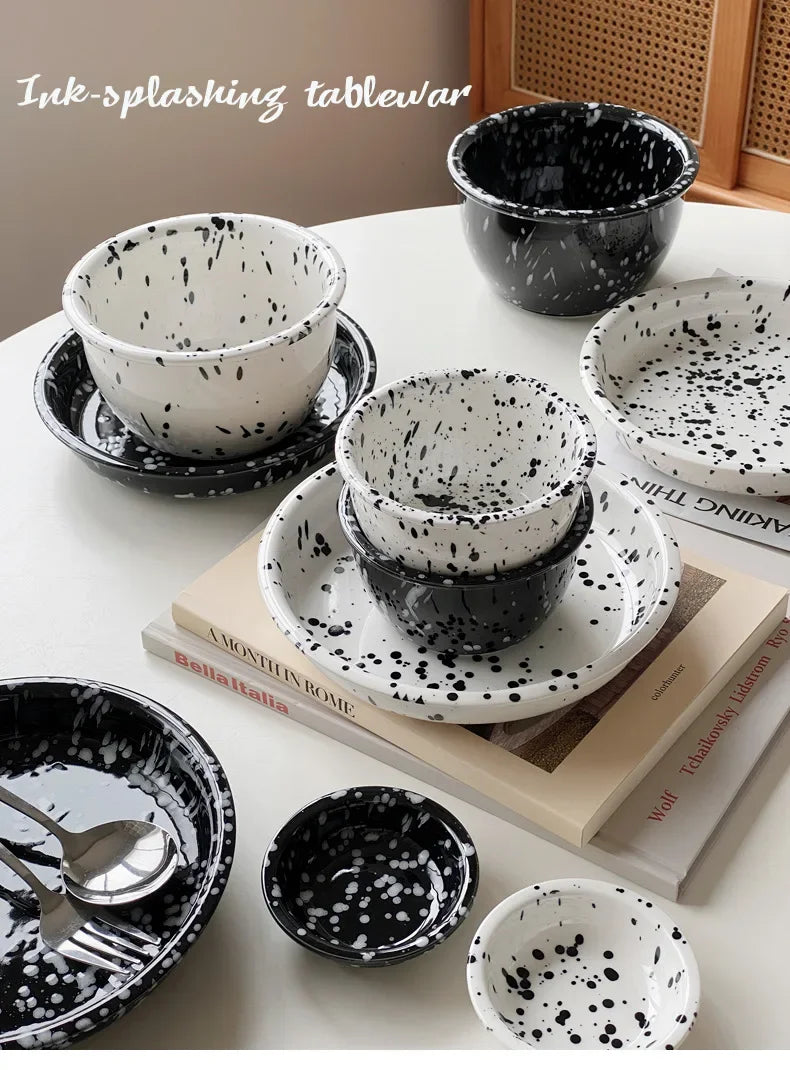 Modern Ceramic Plate Set Creative Splashing Ink Decor Breakfast Bread Plates Afternoon Tea Desktop Dessert Dish Kitchen Cutlery