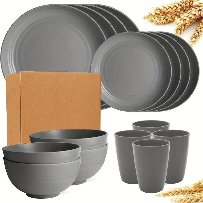 16 pieces of pp tableware set, including (9.1-inch) plates, (7.8-inch) plates, dinner bowls and beverage cups.