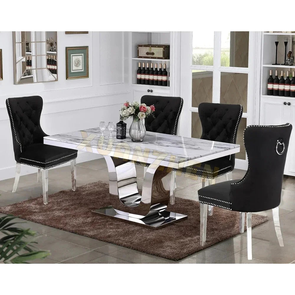 Dining room furniture white metal modern stainless steel stone luxury marble dining table set restaurant dining tables