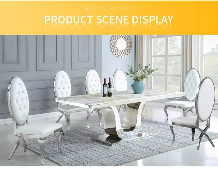 Dining room furniture white metal modern stainless steel stone luxury marble dining table set restaurant dining tables