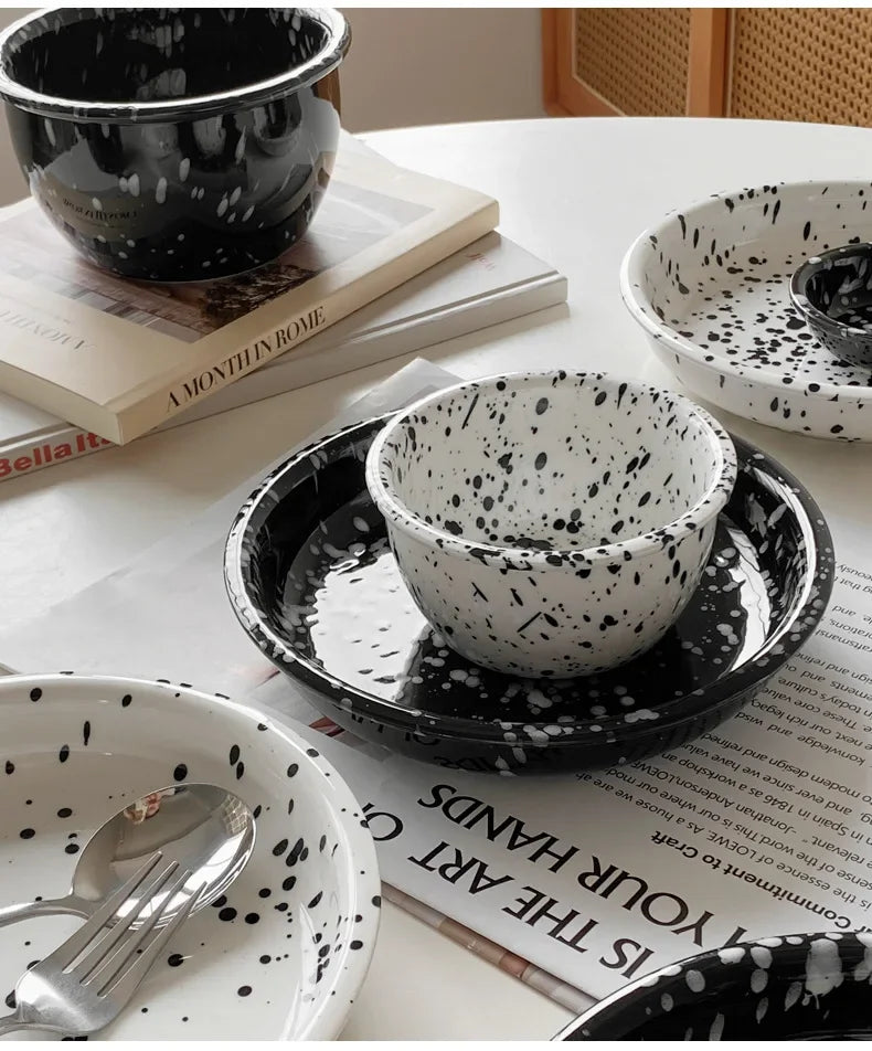 Modern Ceramic Plate Set Creative Splashing Ink Decor Breakfast Bread Plates Afternoon Tea Desktop Dessert Dish Kitchen Cutlery