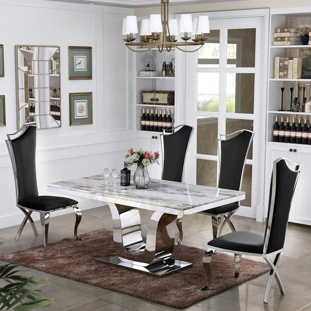 Dining room furniture white metal modern stainless steel stone luxury marble dining table set restaurant dining tables