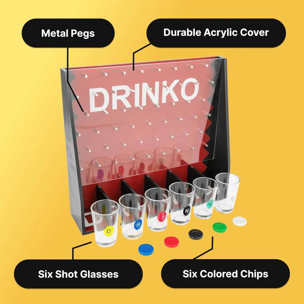 Drinko Drinking Game, Social Shot Glass Party Fun for Groups & Couples - Multicolor, Glass Shots, Durable Board with Metal Pegs