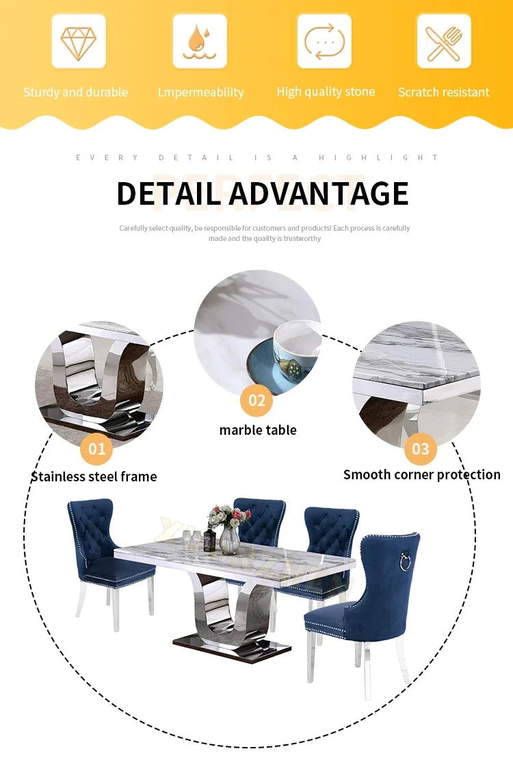 Dining room furniture white metal modern stainless steel stone luxury marble dining table set restaurant dining tables