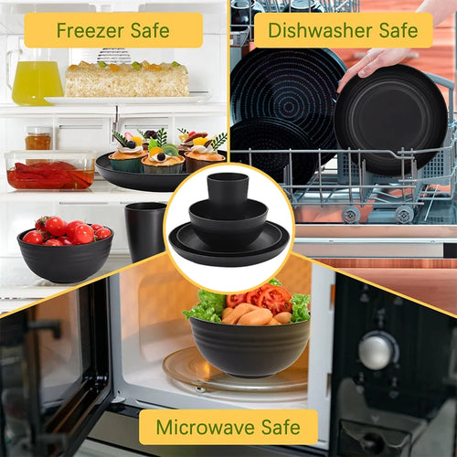 16 pieces of pp tableware set, including (9.1-inch) plates, (7.8-inch) plates, dinner bowls and beverage cups.