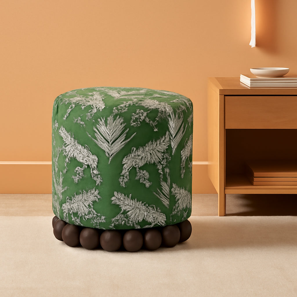 Olive Green Leopard Jacquard Ottoman Room Furniture